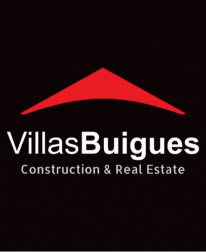 a black and red logo for villas buigues construction and real estate