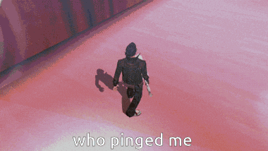 a man walking on a pink floor with the words who pinged me written below him