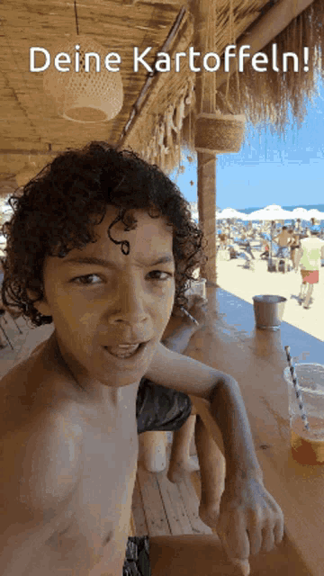 a shirtless boy sitting at a bar with the words " deine kartoffeln " on the bottom