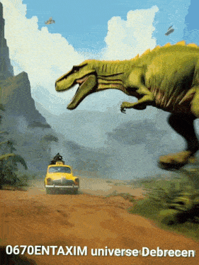 a painting of a taxi driving down a dirt road next to a dinosaur and the words 0670entaxim universe debrecen