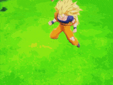 a close up of a cartoon character with a very long hair standing in a field .