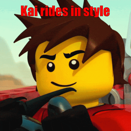 a picture of a lego character with the words kai rides in style below him
