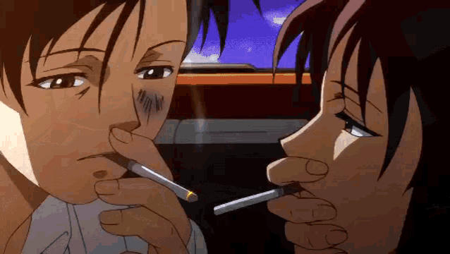 a man is smoking a cigarette next to a woman in a car .