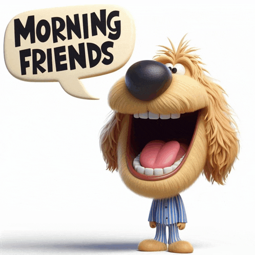 a dog with a speech bubble saying morning friends