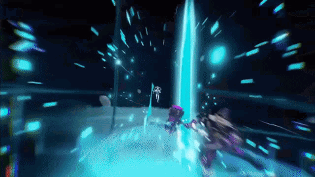 a video game character is flying through the air in a dark room surrounded by blue lights .