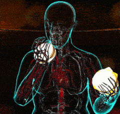 a glowing silhouette of a person holding a lemon