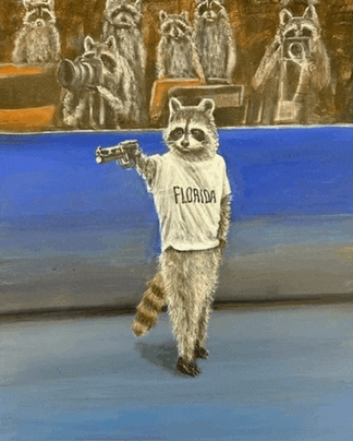 a raccoon in a florida shirt is holding a gun