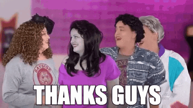 a group of women standing next to each other with the words thanks guys written on the bottom .