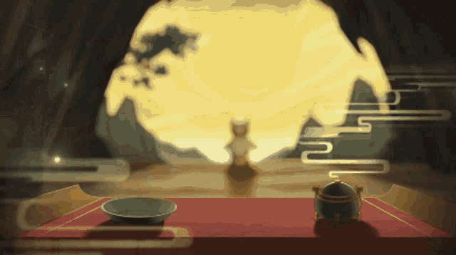 a painting of a table with a bowl and a pot on it