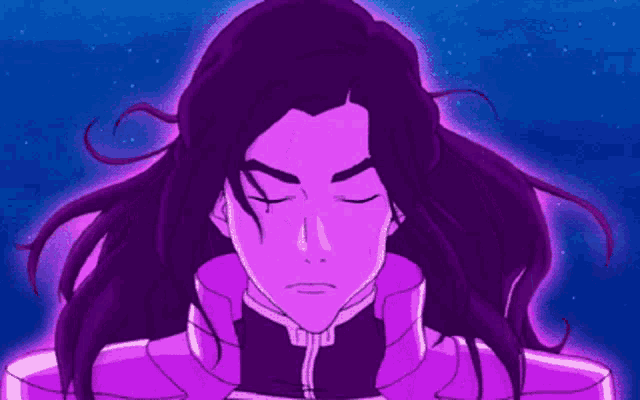 a cartoon character with long purple hair is standing in front of a blue sky with his eyes closed .