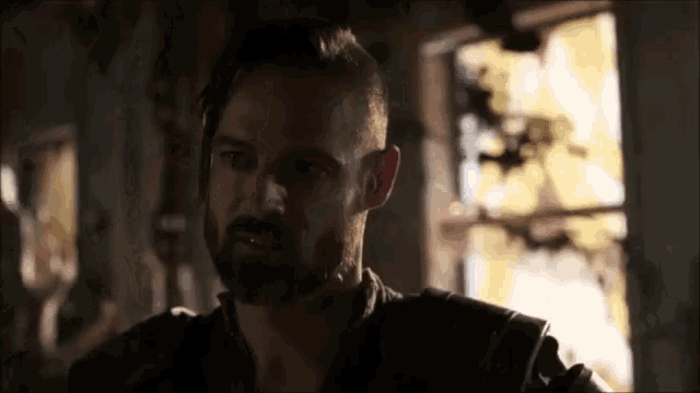 a man with a beard and a mohawk is standing in front of a window .