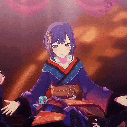 a purple haired anime girl with a flower in her hair