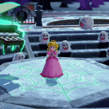 princess peach is surrounded by ghosts in a video game scene