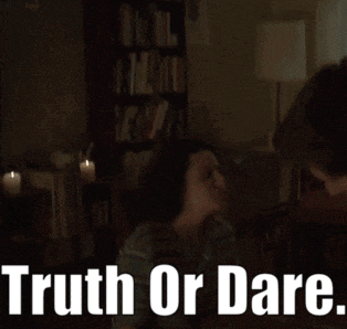 a man and woman are having sex in a dark room with the words " truth or dare " written above them