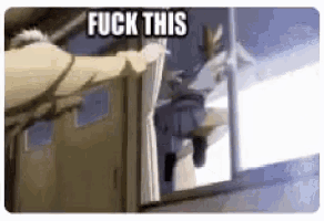a picture of a person standing in front of a window with the words `` fuck this '' written on it .