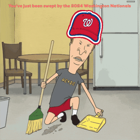 a cartoon of a man wearing a washington nationals hat sweeping the floor
