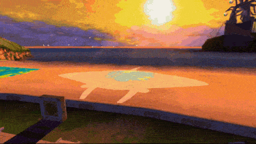 a cartoon drawing of a turtle on a beach with a sunset in the background