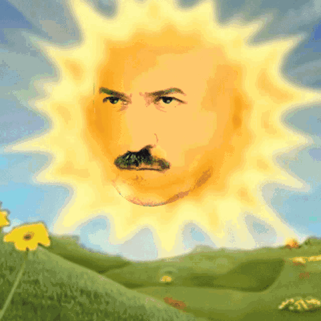 a cartoon sun with a man 's face behind it