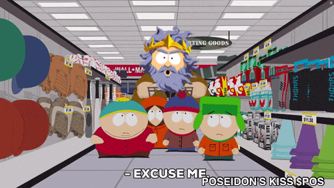 a group of south park characters standing in a store with a sign that says getting goods above them