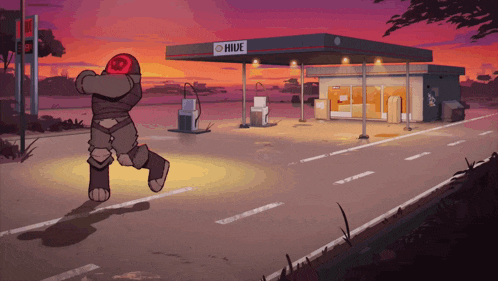 a cartoon illustration of a gas station with a sign that says hive