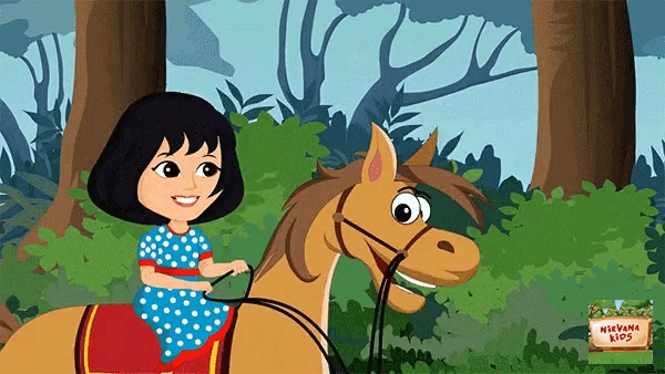 a cartoon of a girl riding a horse with the words welcome kids on the bottom