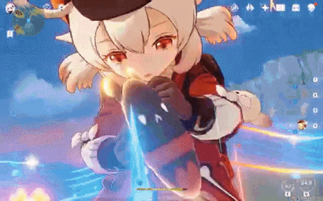 a screenshot of a video game with a girl in a red and white outfit .