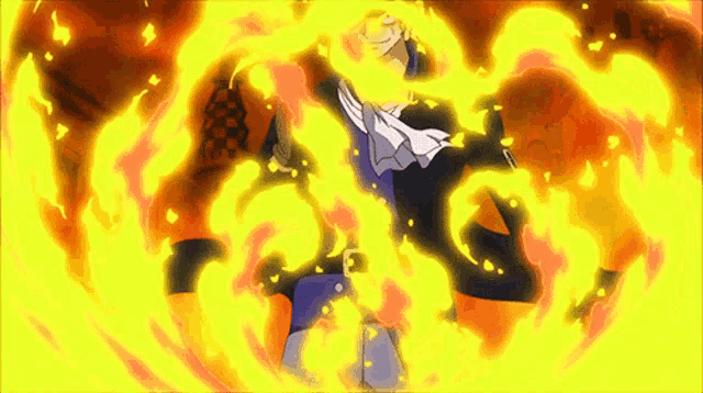 a man with a scarf around his neck is surrounded by yellow flames