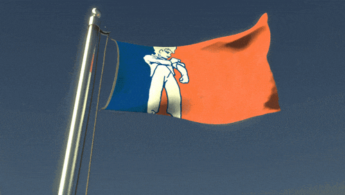 a blue and orange flag with a cartoon figure on it