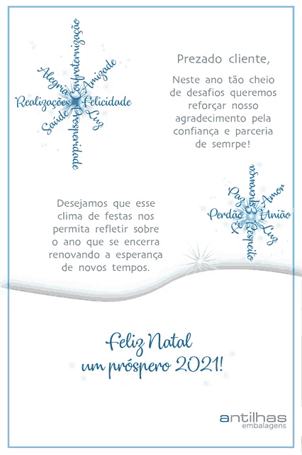 a christmas card from antilhas embalagens with a snowflake