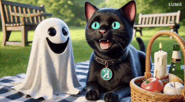 a black cat laying on a blanket next to a white ghost with the letter k on it