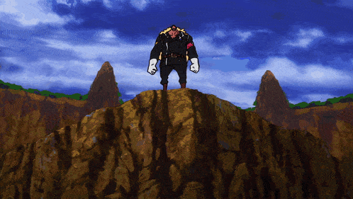 a cartoon character standing on top of a mountain