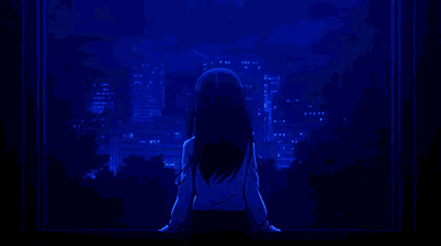 a girl is looking out a window at a full moon .