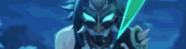 a blue background with a blurred image of a person and a sword