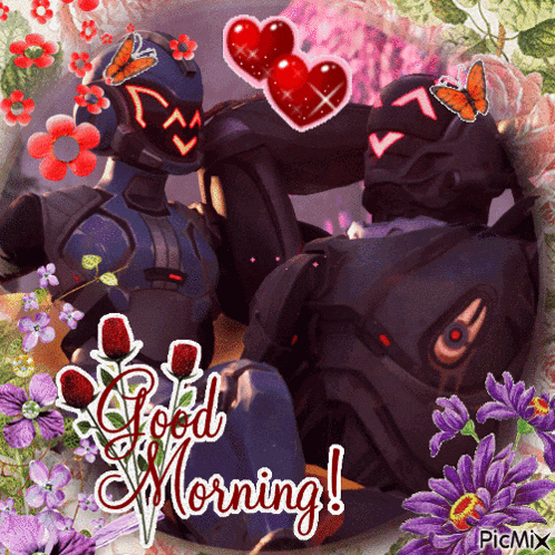a good morning greeting card with a couple of robots surrounded by flowers and butterflies
