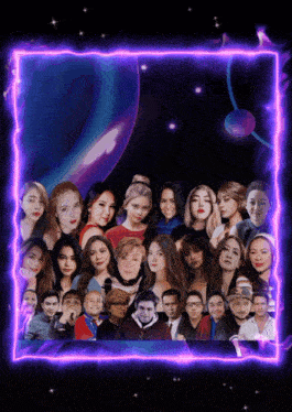 a group of people are standing in front of a planet