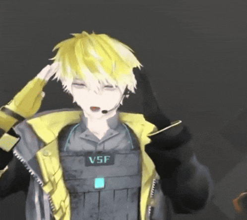 a yellow haired anime character with a vest that says v5f