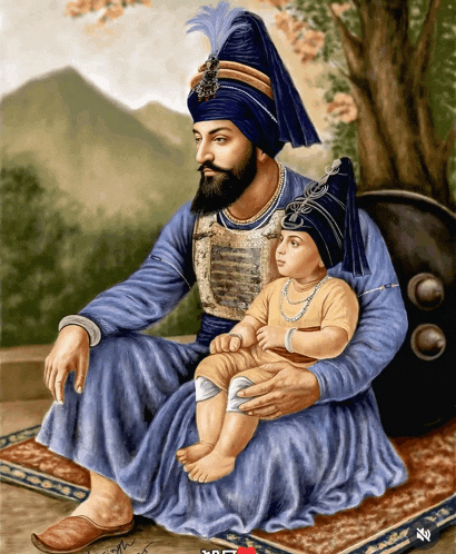 a painting of a bearded man holding a small child with the letters ncr on the bottom right