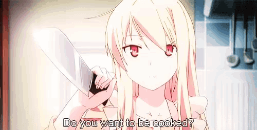 a girl in an apron is holding a knife and asking if she wants to be cooked