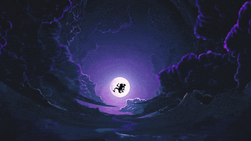 a cartoon of a monkey flying through a cloudy sky at night