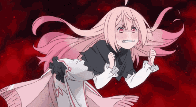 a girl with pink hair and red eyes is running in a dark room