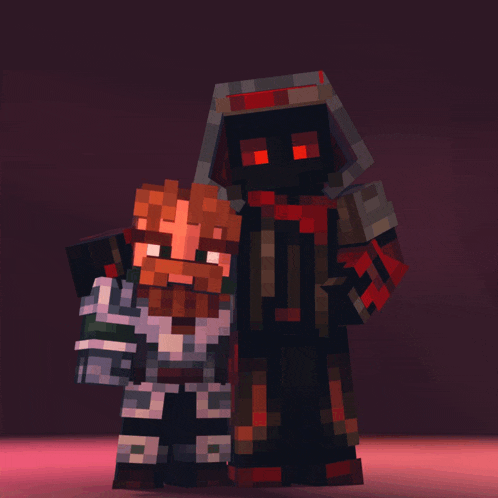 two minecraft characters are standing next to each other and one has red eyes