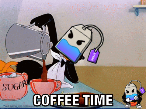 a cartoon character is pouring coffee into a cup with the words coffee time below him