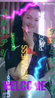 a picture of a woman is surrounded by words including newness and progress