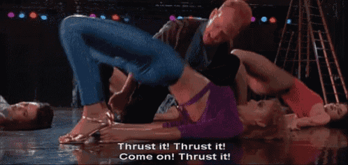 a man is laying on a woman 's back with the words thrust it thrust it come on thrust it