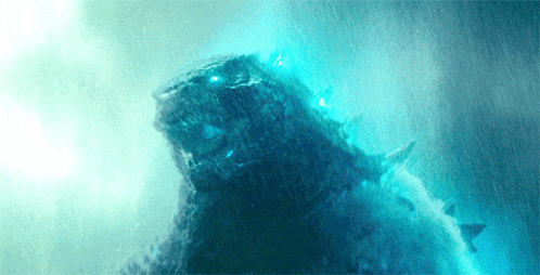 a painting of a monster with blue lights coming out of it 's eyes