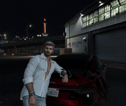 a man in a white shirt leans on a red car with a license plate that says b165120