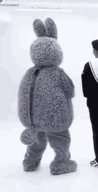 a man in a bunny costume is standing next to a stuffed animal .