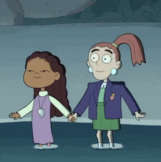 two cartoon characters are holding hands and smiling .