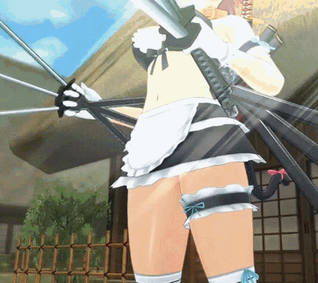 a woman in a maid outfit holds a sword