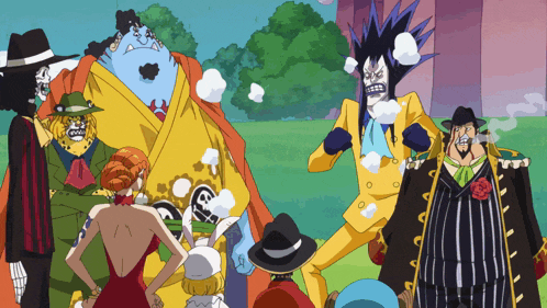 a group of cartoon characters including a woman in a red dress are standing in a field